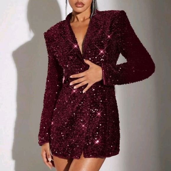Women's Solid Color Lapel Sequin Embellished Long Sleeve Blazer